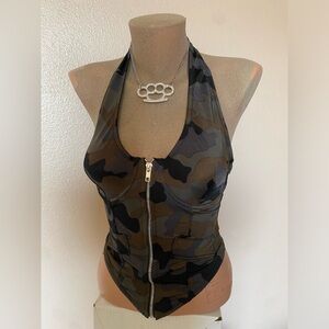 Camo Halter Bustier Top with Front Zipper